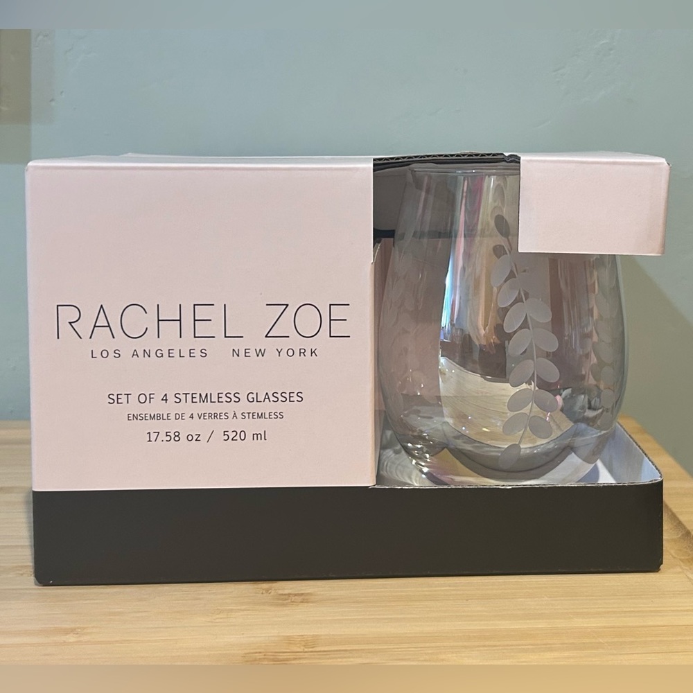 Rachel Zoe Box Set Of 4 Iridescent Stemless Wineglasses + Floral Accents.